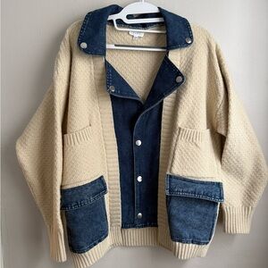 YURA Denim & Knit Mixed Media Oversized Cardigan Jacket Size S/M